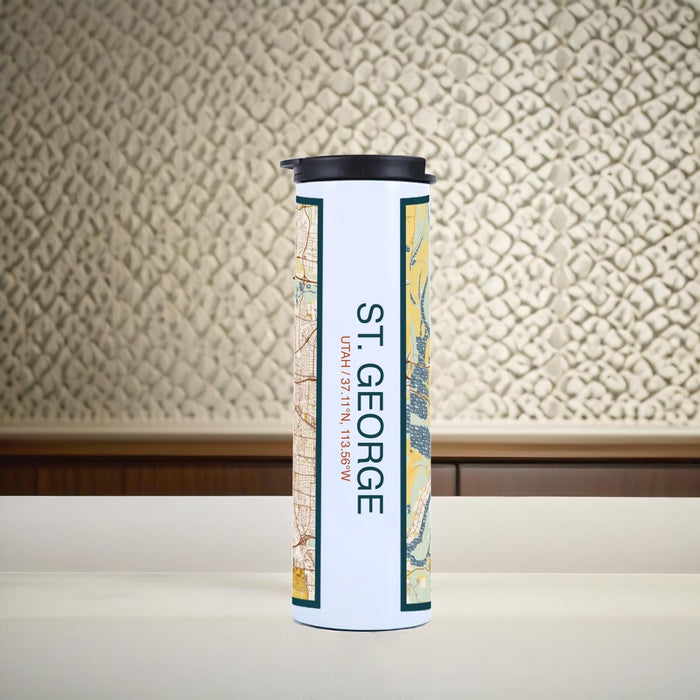St. George Utah Custom City Map Inscription Coordinates on 17oz Stainless Steel Insulated Tumbler in Woodblock Map Style