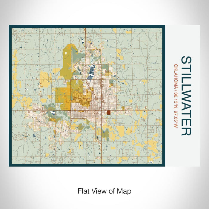 Rendered View of Stillwater Oklahoma Map on 20oz Stainless Steel Insulated Bottle with Bamboo Top with printed woodblock style map