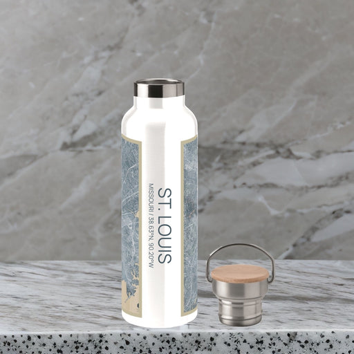 St. Louis Missouri Custom City Map Inscription Coordinates on 20oz Stainless Steel Insulated Bottle with Bamboo Top with printed afternoon style map