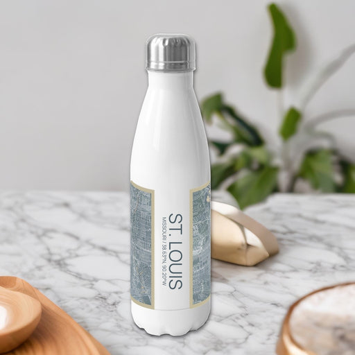 St. Louis Missouri Custom City Map Inscription Coordinates on 17oz Stainless Steel Insulated Bottle with printed afternoon style map