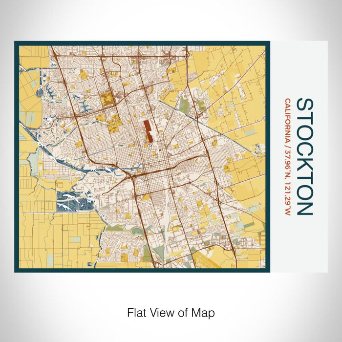 Rendered View of Stockton California Map on 20oz Stainless Steel Insulated Bottle with Bamboo Top with printed woodblock style map