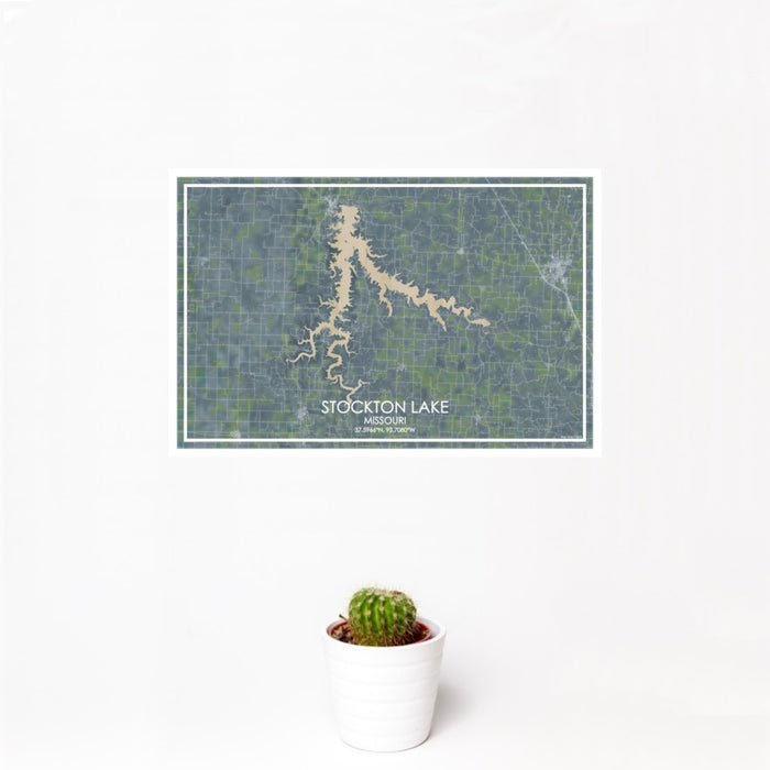 12x18 Stockton Lake Missouri Map Print Landscape Orientation in Afternoon Style With Small Cactus Plant in White Planter