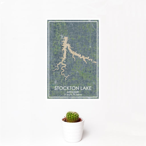 12x18 Stockton Lake Missouri Map Print Portrait Orientation in Afternoon Style With Small Cactus Plant in White Planter