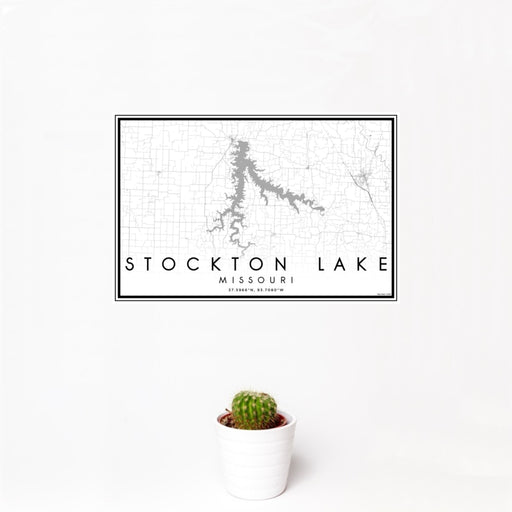 12x18 Stockton Lake Missouri Map Print Landscape Orientation in Classic Style With Small Cactus Plant in White Planter