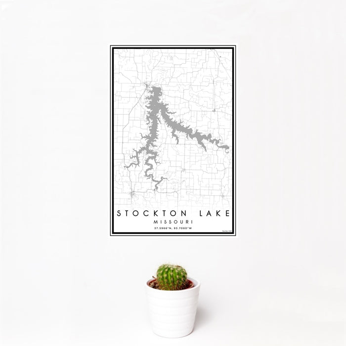 12x18 Stockton Lake Missouri Map Print Portrait Orientation in Classic Style With Small Cactus Plant in White Planter