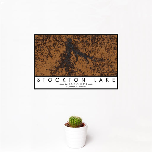 12x18 Stockton Lake Missouri Map Print Landscape Orientation in Ember Style With Small Cactus Plant in White Planter