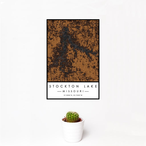 12x18 Stockton Lake Missouri Map Print Portrait Orientation in Ember Style With Small Cactus Plant in White Planter