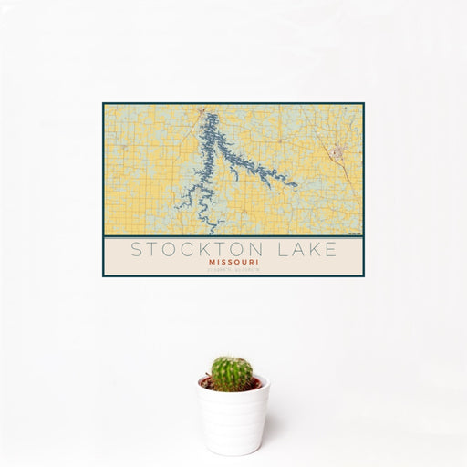 12x18 Stockton Lake Missouri Map Print Landscape Orientation in Woodblock Style With Small Cactus Plant in White Planter