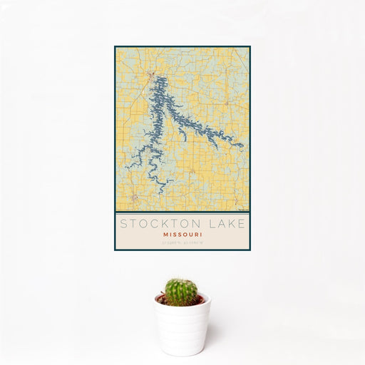 12x18 Stockton Lake Missouri Map Print Portrait Orientation in Woodblock Style With Small Cactus Plant in White Planter