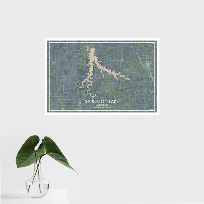 16x24 Stockton Lake Missouri Map Print Landscape Orientation in Afternoon Style With Tropical Plant Leaves in Water