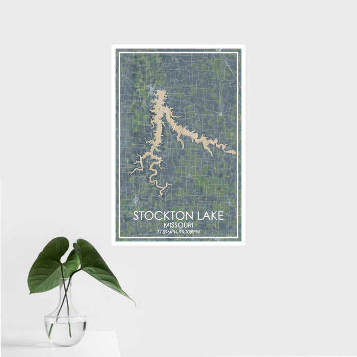 16x24 Stockton Lake Missouri Map Print Portrait Orientation in Afternoon Style With Tropical Plant Leaves in Water