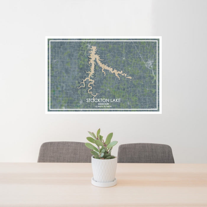 24x36 Stockton Lake Missouri Map Print Lanscape Orientation in Afternoon Style Behind 2 Chairs Table and Potted Plant