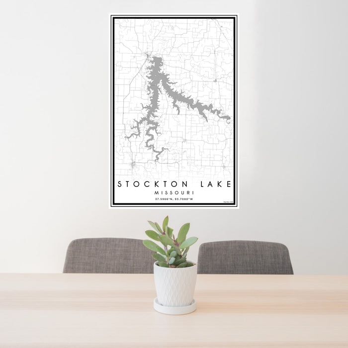 24x36 Stockton Lake Missouri Map Print Portrait Orientation in Classic Style Behind 2 Chairs Table and Potted Plant