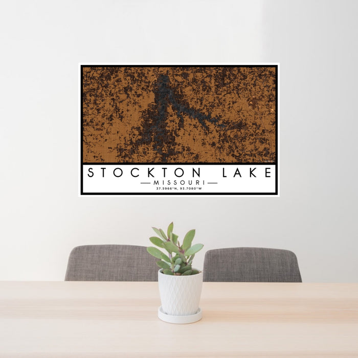 24x36 Stockton Lake Missouri Map Print Lanscape Orientation in Ember Style Behind 2 Chairs Table and Potted Plant