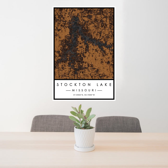 24x36 Stockton Lake Missouri Map Print Portrait Orientation in Ember Style Behind 2 Chairs Table and Potted Plant