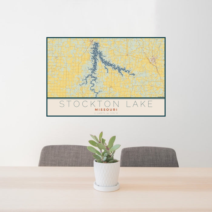 24x36 Stockton Lake Missouri Map Print Lanscape Orientation in Woodblock Style Behind 2 Chairs Table and Potted Plant