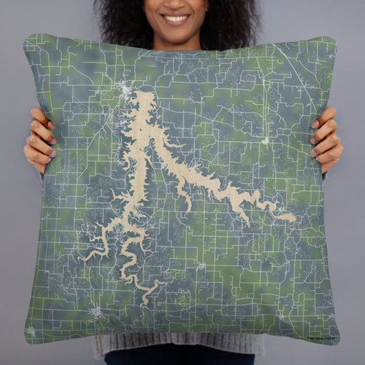 Person holding 22x22 Custom Stockton Lake Missouri Map Throw Pillow in Afternoon