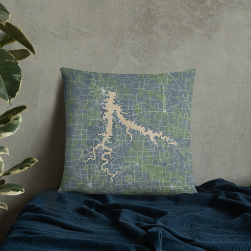 Custom Stockton Lake Missouri Map Throw Pillow in Afternoon on Bedding Against Wall