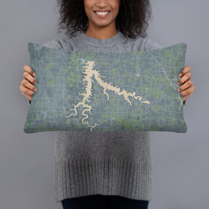 Person holding 20x12 Custom Stockton Lake Missouri Map Throw Pillow in Afternoon