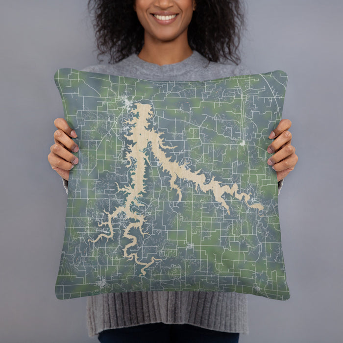Person holding 18x18 Custom Stockton Lake Missouri Map Throw Pillow in Afternoon