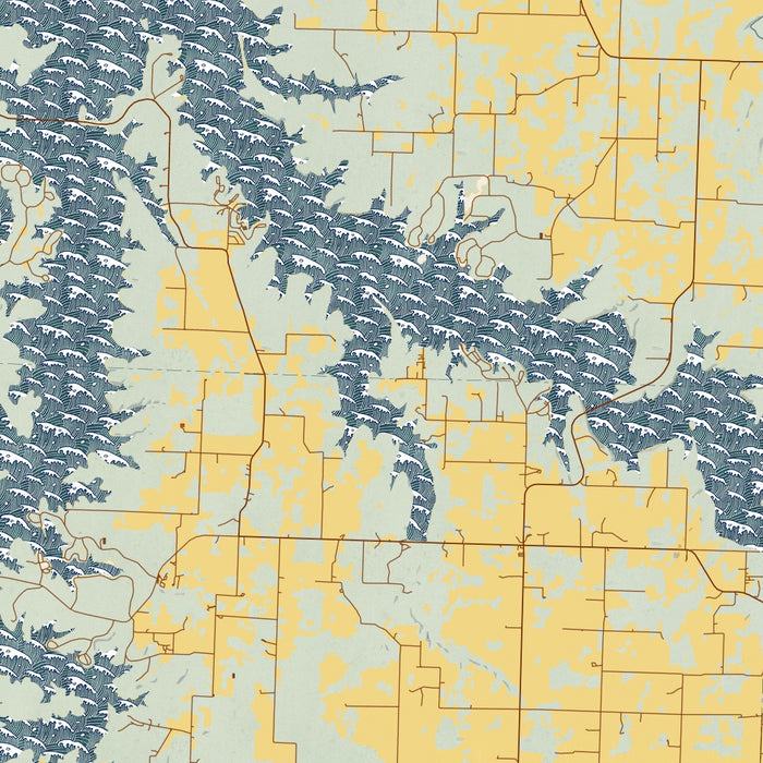 Stockton Lake Missouri Map Print in Woodblock Style Zoomed In Close Up Showing Details