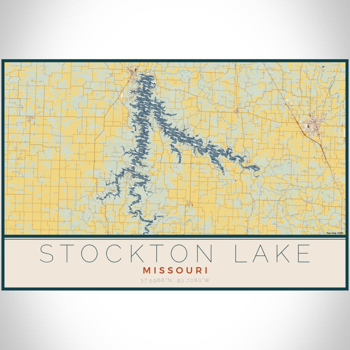 Stockton Lake Missouri Map Print Landscape Orientation in Woodblock Style With Shaded Background