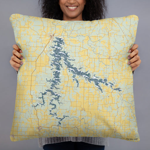 Person holding 22x22 Custom Stockton Lake Missouri Map Throw Pillow in Woodblock