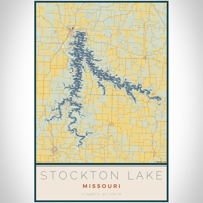 Stockton Lake Missouri Map Print Portrait Orientation in Woodblock Style With Shaded Background