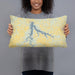 Person holding 20x12 Custom Stockton Lake Missouri Map Throw Pillow in Woodblock