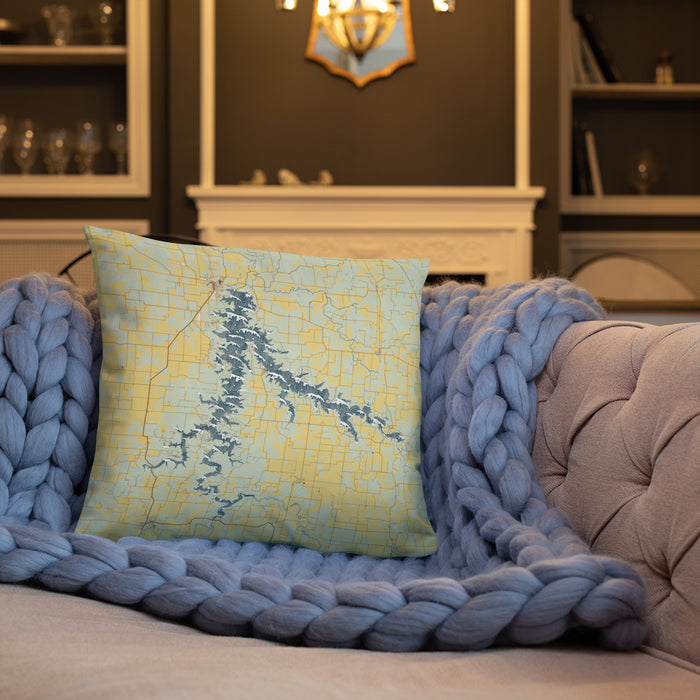Custom Stockton Lake Missouri Map Throw Pillow in Woodblock on Cream Colored Couch