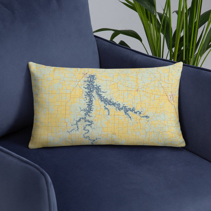 Custom Stockton Lake Missouri Map Throw Pillow in Woodblock on Blue Colored Chair