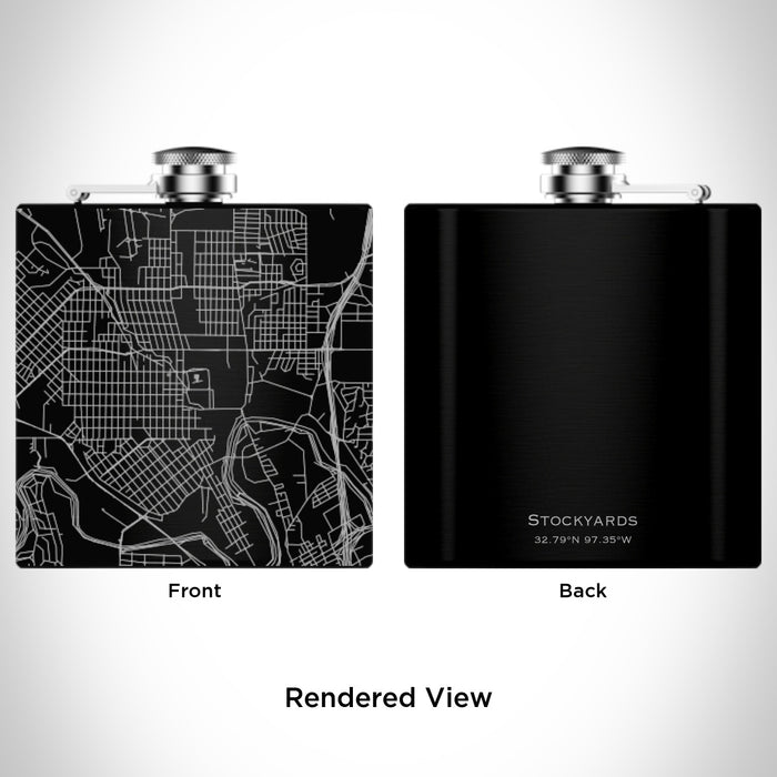 Rendered View of Stockyards Fort Worth Map Engraving on 6oz Stainless Steel Flask in Black