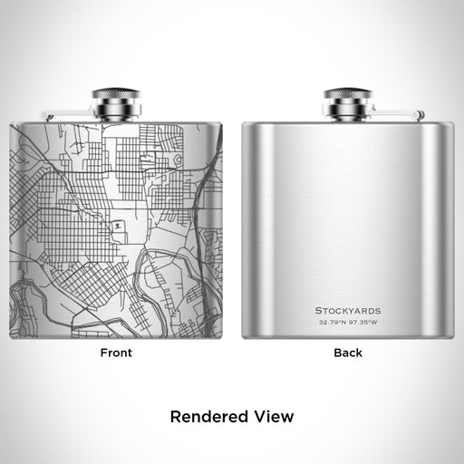 Rendered View of Stockyards Fort Worth Map Engraving on 6oz Stainless Steel Flask