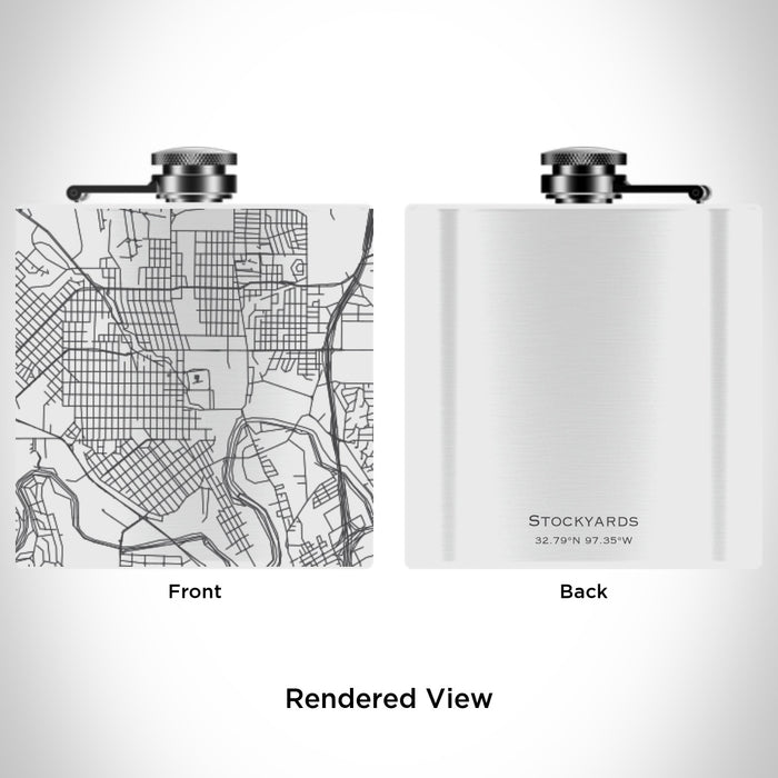 Rendered View of Stockyards Fort Worth Map Engraving on 6oz Stainless Steel Flask in White