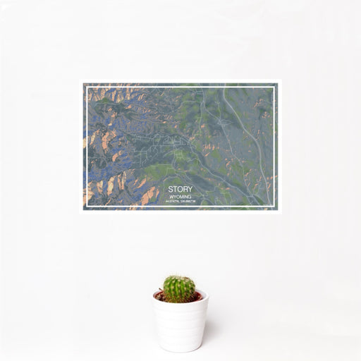 12x18 Story Wyoming Map Print Landscape Orientation in Afternoon Style With Small Cactus Plant in White Planter