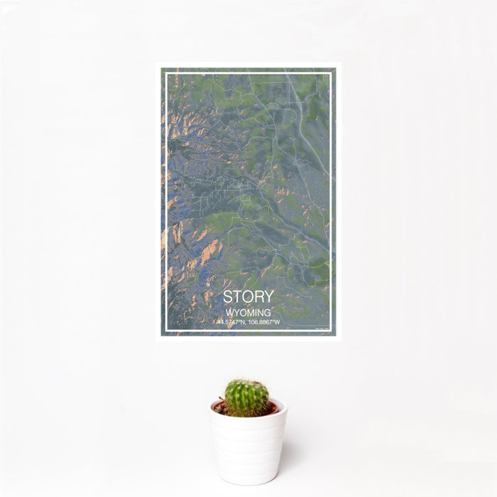 12x18 Story Wyoming Map Print Portrait Orientation in Afternoon Style With Small Cactus Plant in White Planter