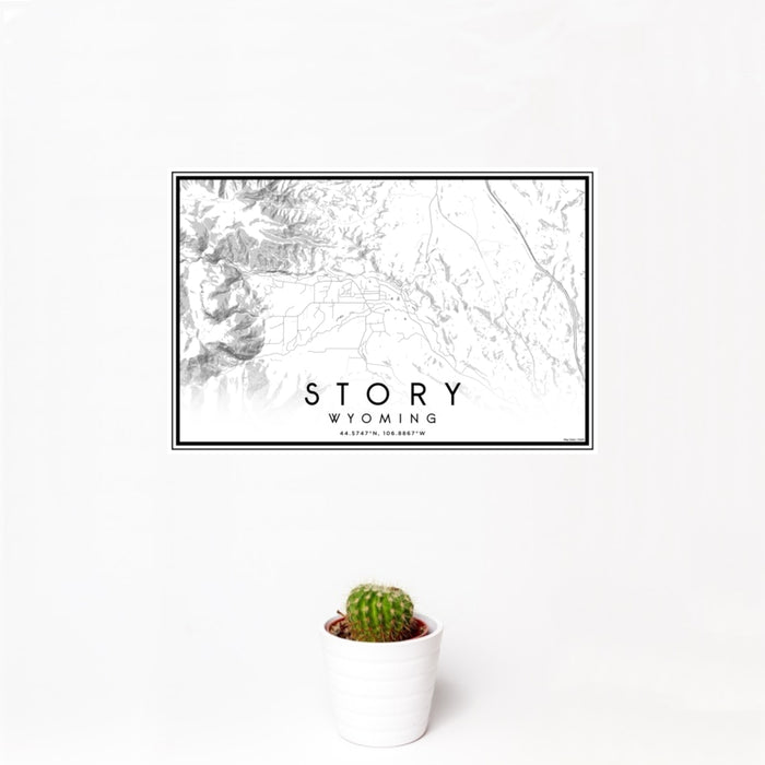 12x18 Story Wyoming Map Print Landscape Orientation in Classic Style With Small Cactus Plant in White Planter