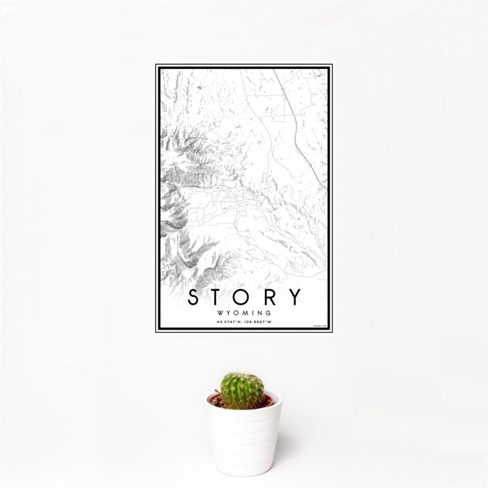 12x18 Story Wyoming Map Print Portrait Orientation in Classic Style With Small Cactus Plant in White Planter