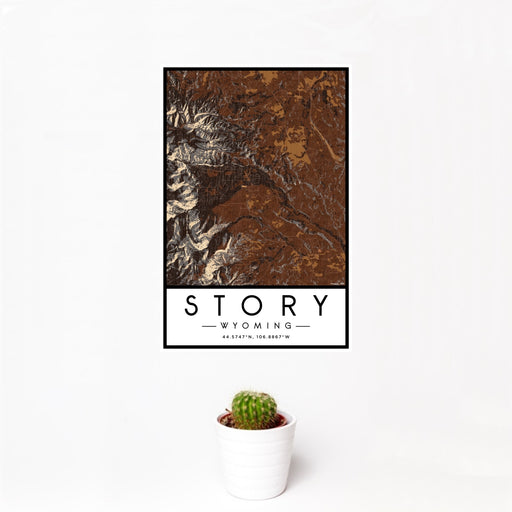 12x18 Story Wyoming Map Print Portrait Orientation in Ember Style With Small Cactus Plant in White Planter