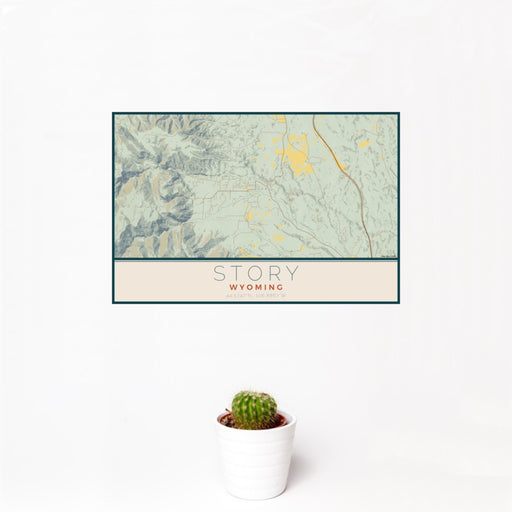 12x18 Story Wyoming Map Print Landscape Orientation in Woodblock Style With Small Cactus Plant in White Planter