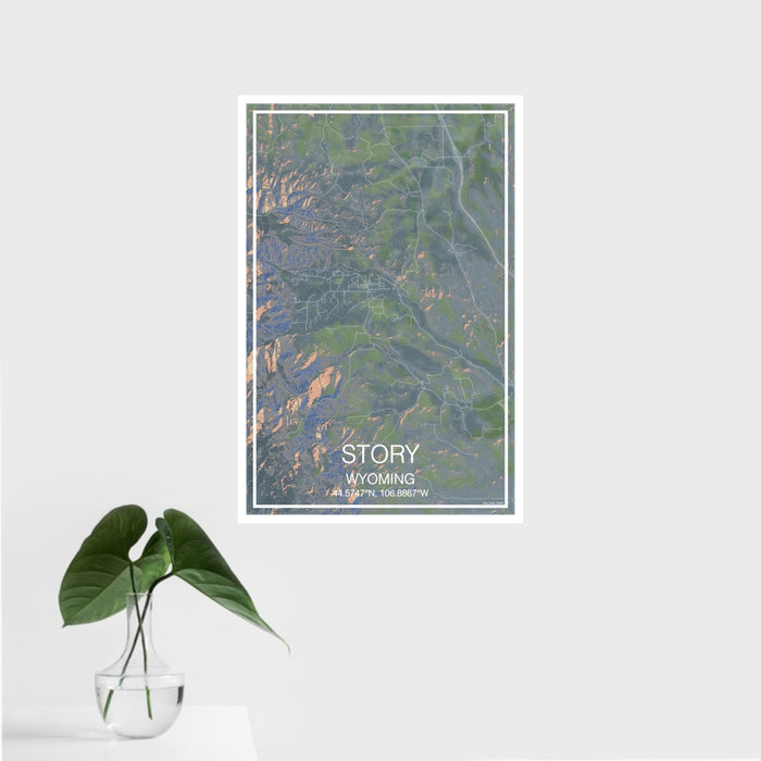 16x24 Story Wyoming Map Print Portrait Orientation in Afternoon Style With Tropical Plant Leaves in Water