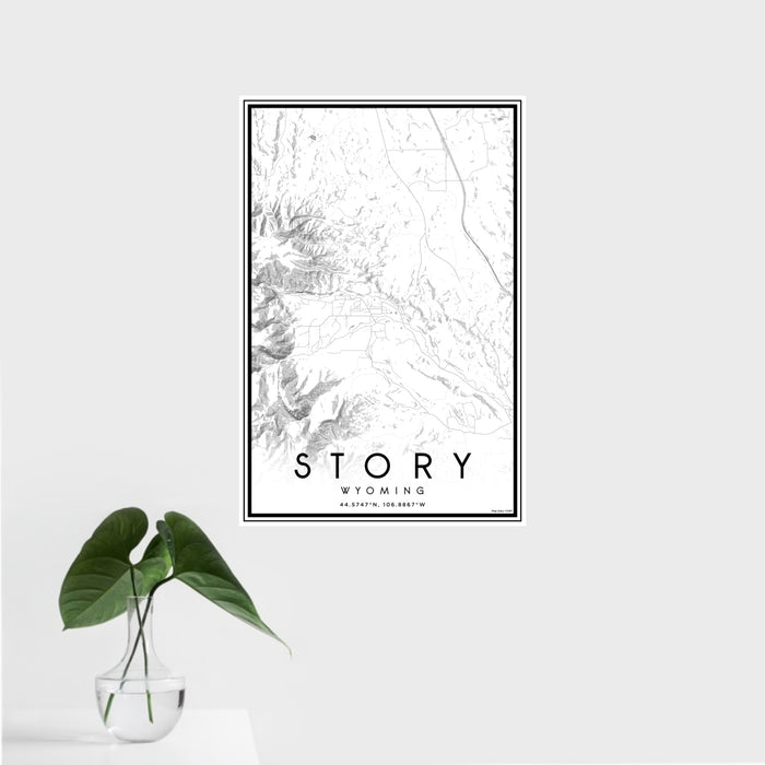 16x24 Story Wyoming Map Print Portrait Orientation in Classic Style With Tropical Plant Leaves in Water