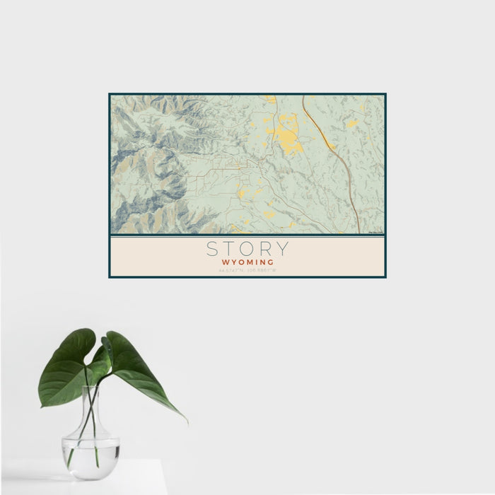 16x24 Story Wyoming Map Print Landscape Orientation in Woodblock Style With Tropical Plant Leaves in Water