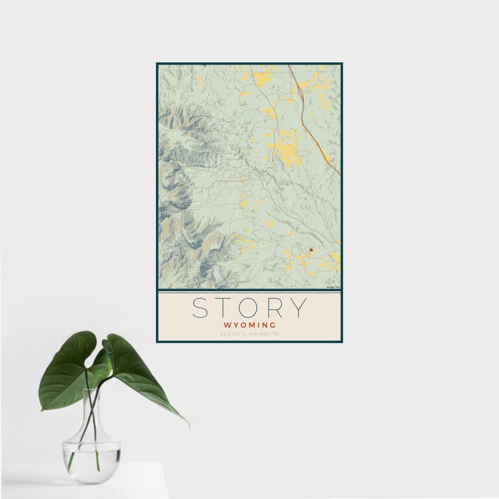 16x24 Story Wyoming Map Print Portrait Orientation in Woodblock Style With Tropical Plant Leaves in Water