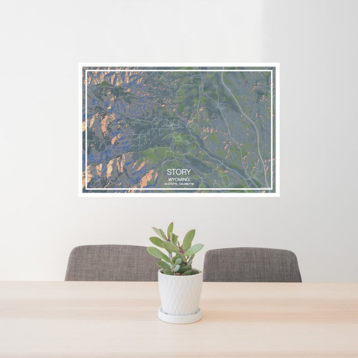 24x36 Story Wyoming Map Print Landscape Orientation in Afternoon Style Behind 2 Chairs Table and Potted Plant