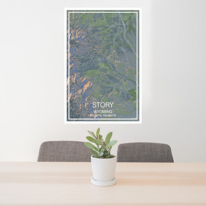 24x36 Story Wyoming Map Print Portrait Orientation in Afternoon Style Behind 2 Chairs Table and Potted Plant
