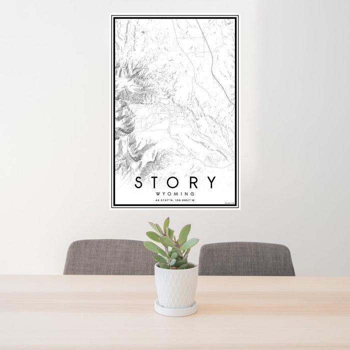 24x36 Story Wyoming Map Print Portrait Orientation in Classic Style Behind 2 Chairs Table and Potted Plant