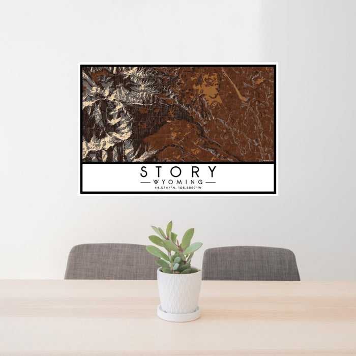24x36 Story Wyoming Map Print Landscape Orientation in Ember Style Behind 2 Chairs Table and Potted Plant