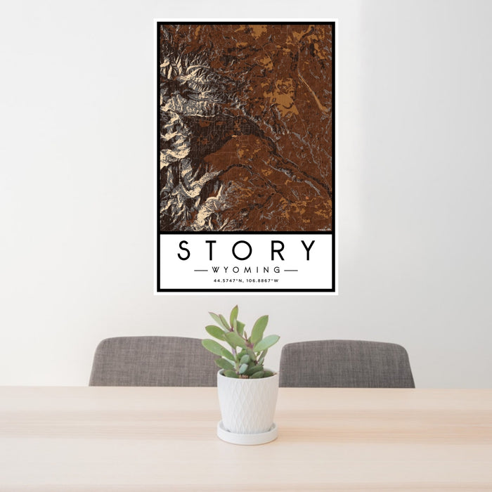 24x36 Story Wyoming Map Print Portrait Orientation in Ember Style Behind 2 Chairs Table and Potted Plant