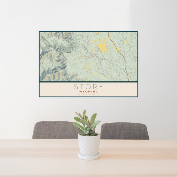 24x36 Story Wyoming Map Print Landscape Orientation in Woodblock Style Behind 2 Chairs Table and Potted Plant
